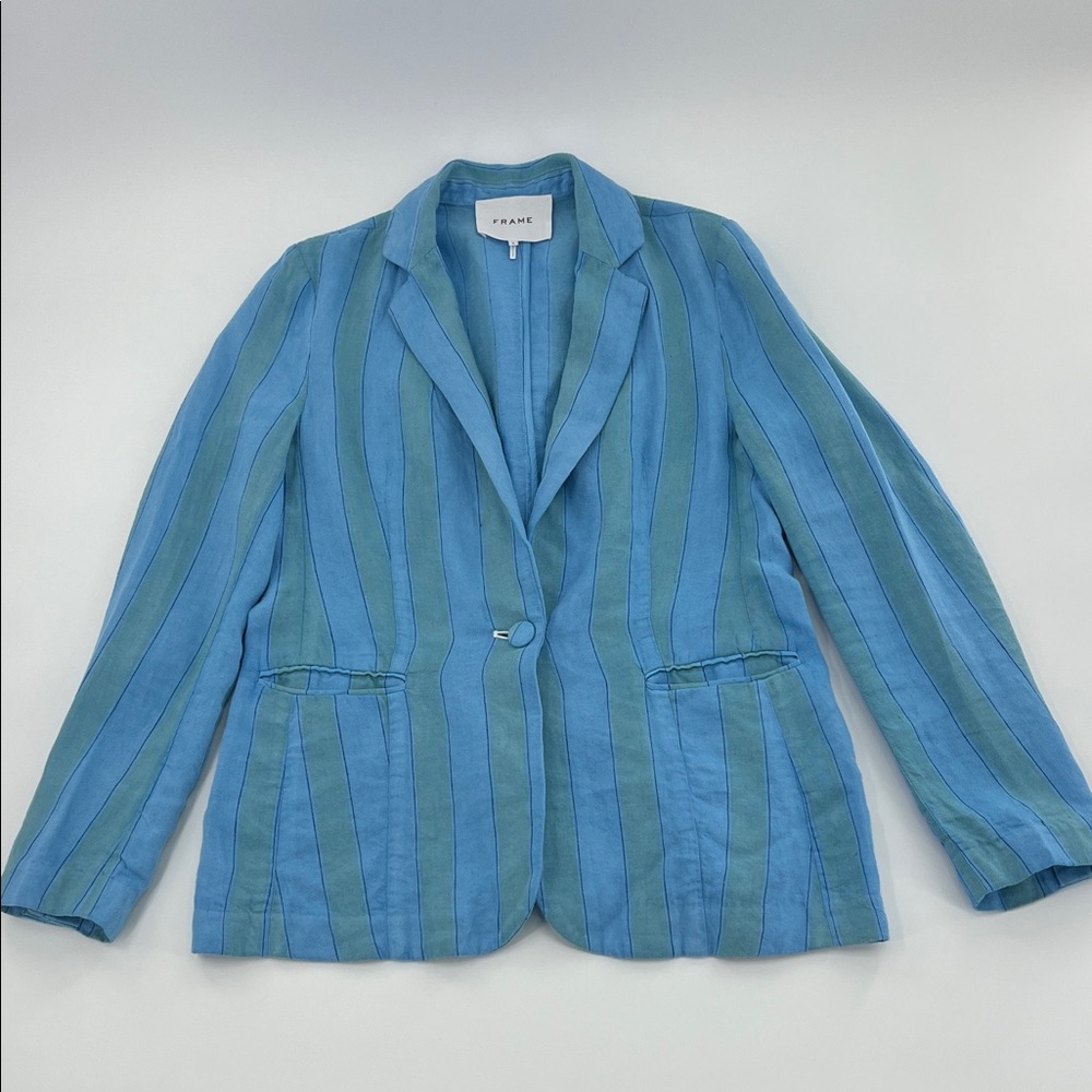 Frame Denim Striped Linen Teal Blue‎ Single-Button Blazer dopamine office 4